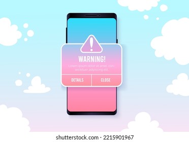 Warning information error screen for mobile apps. Error alert ui box with smartphone template and clouds on the blue background. Vector illustration