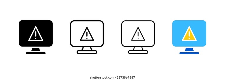 Warning label on the screen. Different styles, triangle on screen, warning sign. Vector icons