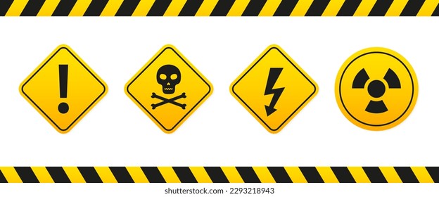 Warning label, warning tape, danger sign vector. Radiation sign, toxic sign. High voltage. Yellow safety icon. Banner for websites. Danger sign. Vector illustration