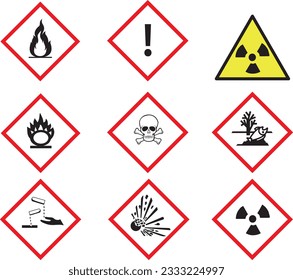 Warnschilder, Gefahrensymbol zeigt das Sicherheitssymbol. Physikalische Gefahren, explosionsgefährlich, brennbar, brandfördernd, komprimiertes Gas, ätzend, giftig, schädlich, Gesundheit und Umwelt.