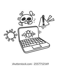 warning laptop attacked by virus in doodle illustration