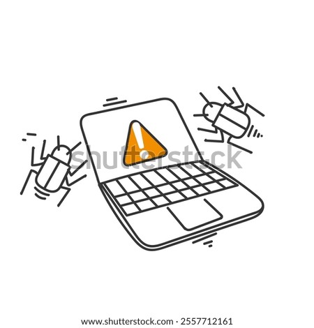warning laptop attacked by virus in doodle illustration