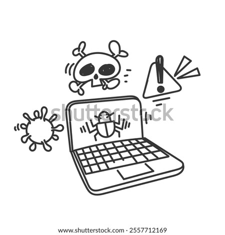 warning laptop attacked by virus in doodle illustration