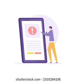 ilustración de un usuario leyendo una guía en un smartphone. concepto de manual de usuario, guía de usuario, asistencia de uso de aplicaciones. estilo de dibujos animados planos. diseño vectorial. ui, página de inicio