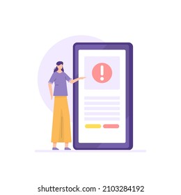warning letter, hazard notification, report letter. a user gets a complaint that appears on his smartphone. banned, reported. flat cartoon illustrations. design concept. ui, landing page, element