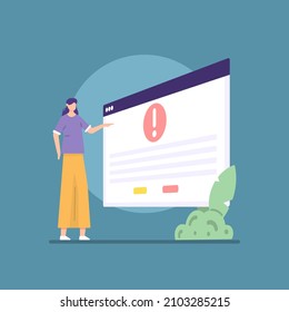 warning letter, hazard notification, report letter. a user gets a complaint that appears on the website. banned, reported. flat cartoon illustrations. design concept. ui, landing page, element