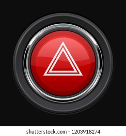 Warning light red button. Car dashboard element on black background. Vector 3d illustration