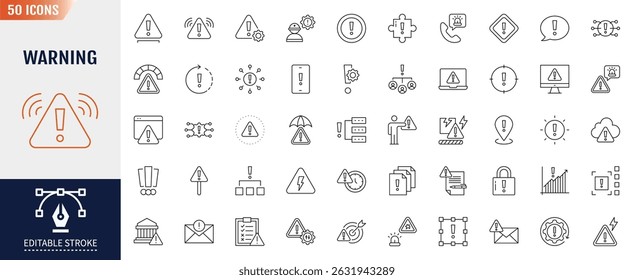 Warning line editable icon set. Containing Alert, caution, danger, error and more. Vector illustration