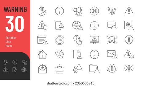 Warning Line Editable Icons set. Vector illustration in modern thin line style of risk related icons: hazard, notification, danger alert, attention sign, exclamation mark and more. Isolated on white