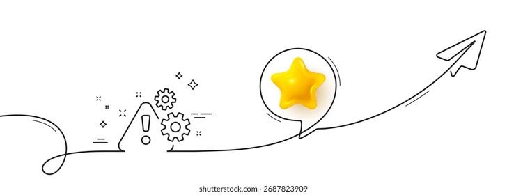 Warning line icon. Continuous line with share plane. Attention triangle sign. Caution alert symbol. 3d star in speech bubble. Warning single line ribbon. Loop curve pattern. Vector