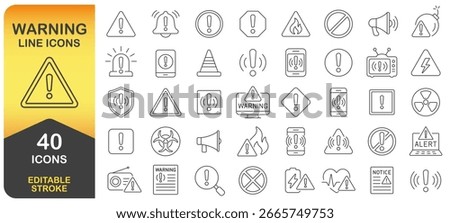 Warning Line Icon Set With 40 Editable Stroke Designs. Thin Line Icons Pack Featuring Alerts, Caution Signs, Hazard Symbols, And Safety Notifications. Isolated Vector Illustration Symbol Sign.