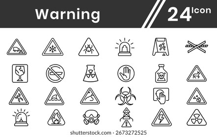 Warning line icon set. Containing alert, Alert, caution, danger, error, caution, danger, error, hazard, notification, attention sign, exclamation mark, stop, notice and more. Editable line icons.	
