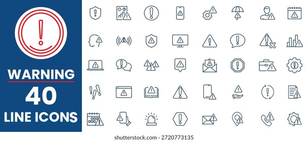 Conjunto de iconos de línea de advertencia. Contiene iconos relacionados con alerta, precaución, peligro, error, notificación y seguridad. Colección de iconos lineales. Ilustración vectorial de trazo editable