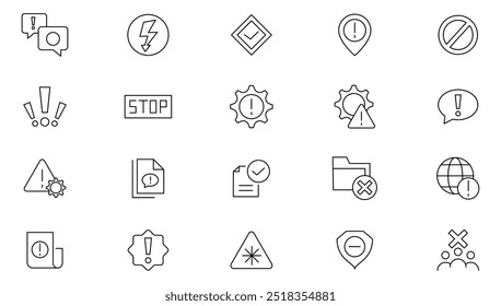 Warning line icon set. Exclamation mark, attention, danger, notice, stop, hazard, notification, danger alert, attention sign, emergency Line icon set. UI thin line icon pack.