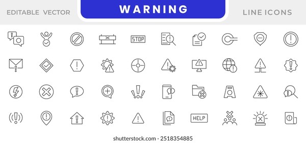 Conjunto de ícones de linha de aviso. Ponto de exclamação, atenção, perigo, aviso, parar, perigo, notificação, alerta de perigo, sinal de atenção, conjunto de ícone de linha de emergência. Pacote de ícones de linha fina da interface do usuário.