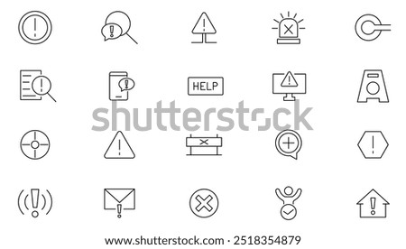 Warning line icon set. Exclamation mark, attention, danger, notice, stop, hazard, notification, danger alert, attention sign, emergency Line icon set. UI thin line icon pack.