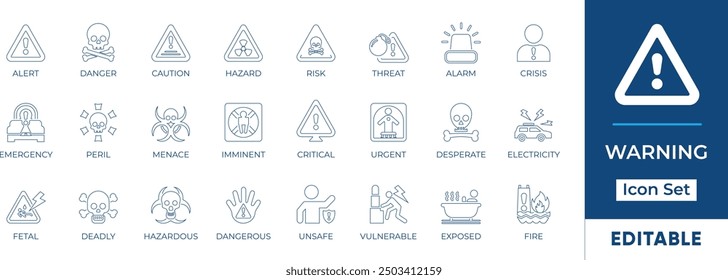 Warning line Icon set featuring various hazard symbols, including danger, caution, and emergency signs. Perfect for safety, security, and emergency-related projects. Editable vector graphics.