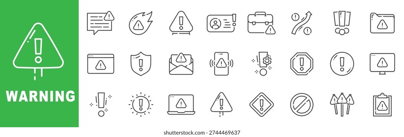 Warning line icon set featuring alert messages, danger symbols, security shields, system notifications and editable stroke outline icons.
