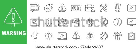 Warning line icon set featuring alert messages, danger symbols, security shields, system notifications and editable stroke outline icons.

