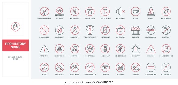 Ícone de linha de aviso definido como proibindo a execução de ações diferentes. Proibição de fumar e de fumar, de comer e de beber álcool, gravação de fotografia e vídeo, símbolos delimitadores preto e vermelho finos anti-graffiti ilustração vetorial