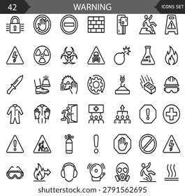 Warning line icon set. safety signs, danger alert, caution symbols and notification. Ideal for safety signage, alerts, error messages, and hazard notifications.