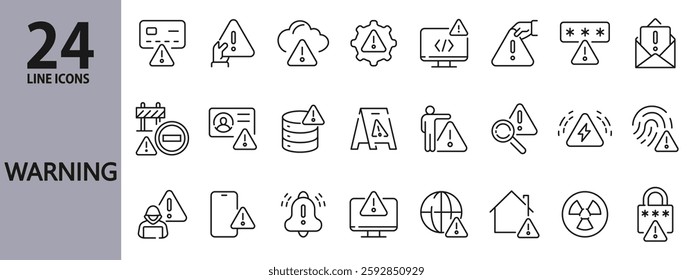 Warning line icons set with Alert, Attack, Shield, Caution, Danger, Safety, Siren and more. Editable Stroke