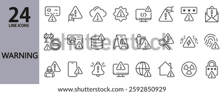 Warning line icons set with Alert, Attack, Shield, Caution, Danger, Safety, Siren and more. Editable Stroke