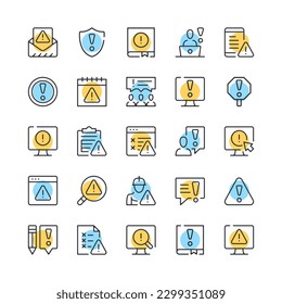 Warning line icons. Set of warning icons. Black, blue and yellow colors. Modern outline graphic design. Vector line icons set