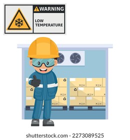 Warning low temperature, freezing conditions. Worker with a cold jacket to enter a cooling tunnel. Prevention of work accidents. Security First. Industrial safety and occupational health at work svg