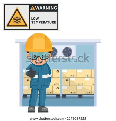 Warning low temperature, freezing conditions. Worker with a cold jacket to enter a cooling tunnel. Prevention of work accidents. Security First. Industrial safety and occupational health at work