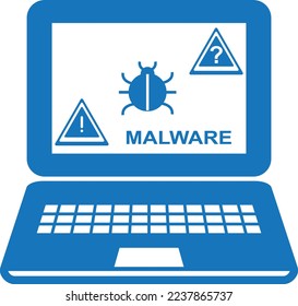 Warning malware icon, laptop virus warning icon blue vector