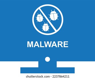 Warning malware icon, virus on pc icon blue vector