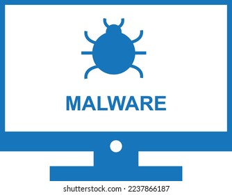 Warning malware icon, virus on pc icon blue vector