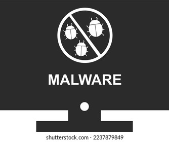 Warning malware icon, virus on pc icon black vector