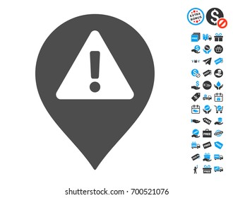 Warning Map Marker grey pictograph with free bonus graphic icons. Vector illustration style is flat iconic symbols.