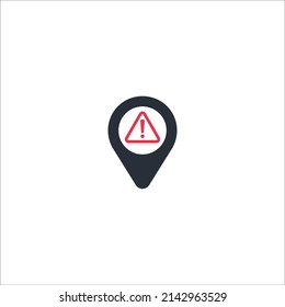 Warning map pointer icon with flat style. Isolated raster warning map pointer icon image on a white background. Alert, pin, warning icon design vector illustration
