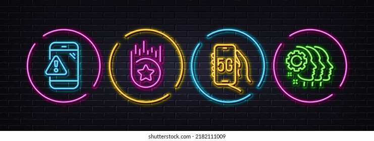 Warning message, 5g internet and Loyalty star minimal line icons. Neon laser 3d lights. Employees teamwork icons. For web, application, printing. Vector