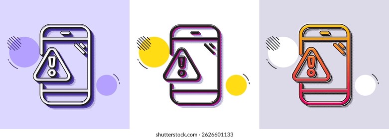 Warning message line icon. Halftone dotted pattern. Gradient icon with grain shadow. Phone alert sign. Caution app symbol. Line warning message icon. Various designs. Vector