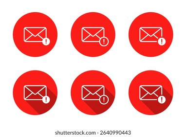 Warning message notification icon with long shadow. Email envelope with exclamation mark sign symbol