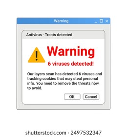 Mensaje de advertencia en la pantalla del ordenador. Notificación emergente de malware. Anuncio de peligro en la computadora.