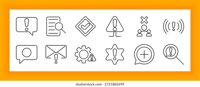 Icono de advertencia y conjunto de mensajes. Signos de exclamación, burbujas de discurso, documentos, cuadros de alerta, rechazo de usuario, correo electrónico, equipo, búsqueda, ondas en estilo de línea mínima.