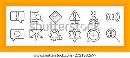 Warning and message set icon. Exclamation signs, speech bubbles, documents, alert boxes, user rejection, email, gear, search, waves in minimal line style.