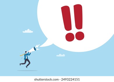 Warning message, shouting alert or danger warning, important message on loud speaker, emergency attention, safety or urgency scream concept, businessman shouting on megaphone with exclamation point.