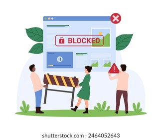 Warning message when web page blocked, cyber crime, hacker attack, censorship or ransomware activity. Tiny people holding construction barrier and exclamation mark to warn cartoon vector illustration