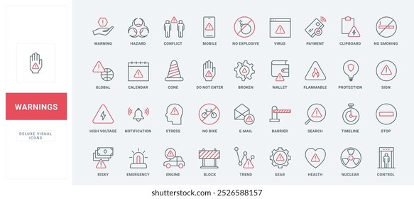 Warning messages about important error, accident and problem line icon set. Exclamation alert signal inside triangle, information attention thin black and red outline symbols vector illustration