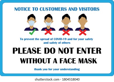 The warning messages notice to prevent the spread of Coronavirus. COVID-19. Wearing mask. Wear Face covering sign. 
