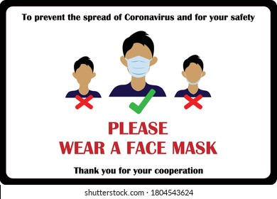 The warning messages notice to prevent the spread of Coronavirus. COVID-19. Wearing mask. Wear Face covering sign. Please wear a face mask.  COVID-19 Safety sign