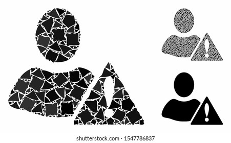 Warning mosaic of humpy elements in variable sizes and color hues, based on warning icon. Vector bumpy elements are organized into collage.  