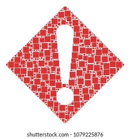 Warning mosaic icon of square shapes and spheric dots in variable sizes. Vector objects are combined into warning mosaic design concept.