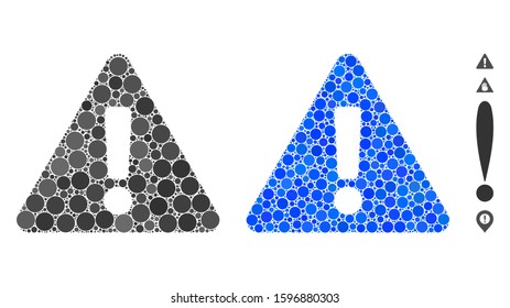 Warning mosaic of small circles in variable sizes and color tones, based on warning icon. Vector small circles are organized into blue mosaic. Dotted warning icon in usual and blue versions.